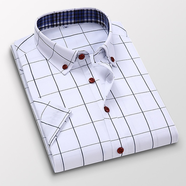  Men's Dress Shirt Plaid Shirt Button Down Shirt Collared Shirt White Wine Navy Blue Short Sleeve Plaid / Check All Seasons Wedding Work Clothing Apparel
