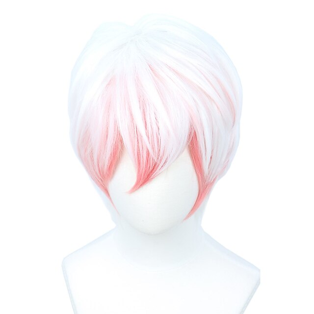  Short Straight Pink White Cosplay Wig Halloween Costume Men's Full Wig