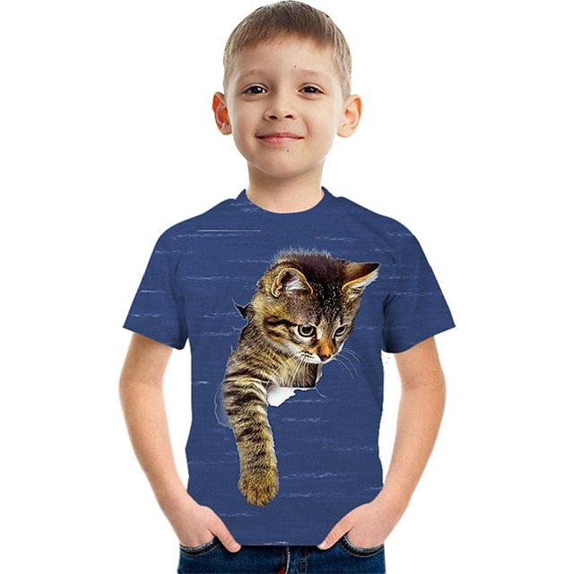  Boys T shirt Short Sleeve T shirt Tee Graphic Animal Cat 3D Print Active Polyester Rayon Kids Unisex 3-12 Years 3D Printed Graphic Shirt