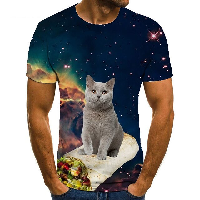 

Men's Unisex Tee T shirt 3D Print Cat Graphic Prints Plus Size Round Neck Casual Daily Print Short Sleeve Tops Basic Fashion Designer Big and Tall Blue