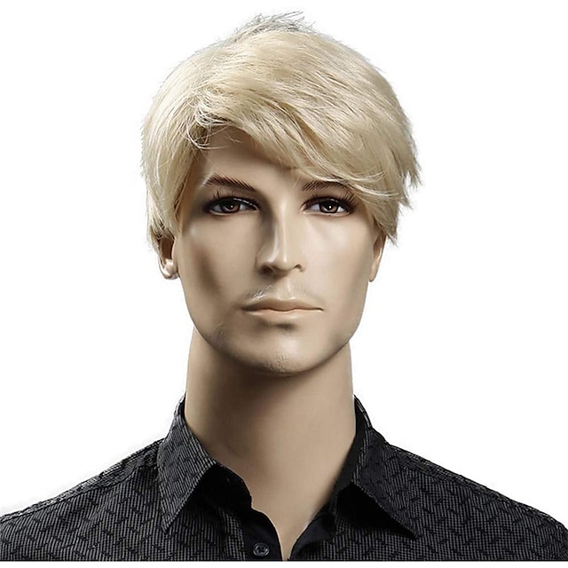  Kurze blonde männliche synthetische Perücken, amerikanische europäische 6-Zoll-gerade Männerperücke mit kostenloser Haarkappe, hitzebeständiges Toupethaar, Halloween-Perücke