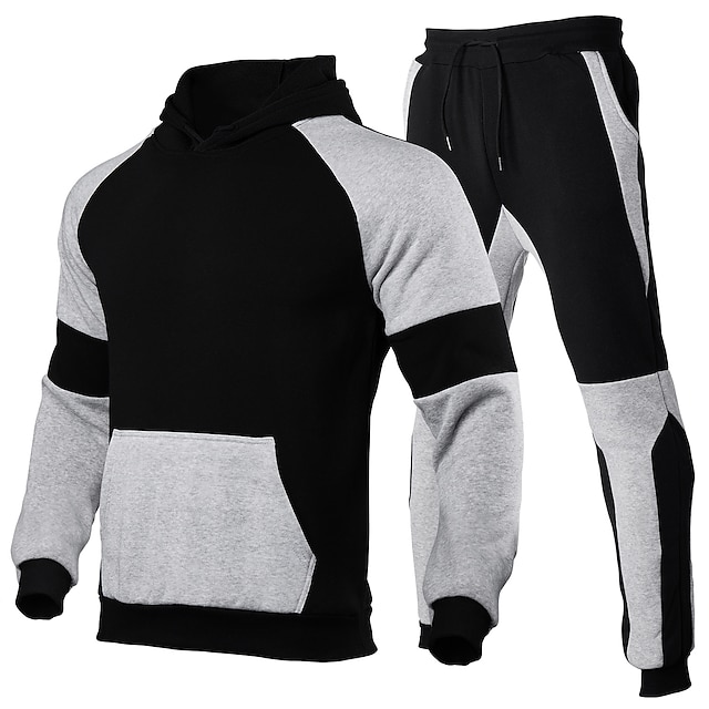 Sports & Outdoors Running, Jogging & Walking | Mens Sweatsuit 2 Piece Drawstring Patchwork Front Pocket Hoodie Color Block Sport