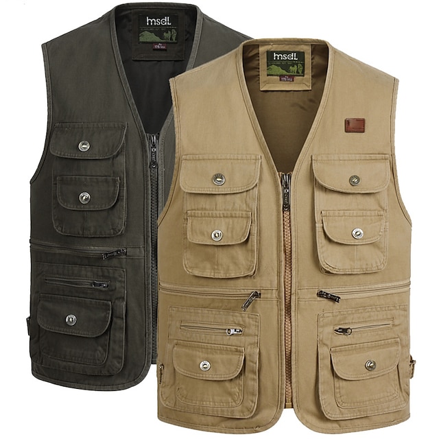  Men's Fishing Vest Hiking Vest Sleeveless Vest / Gilet Jacket Top Outdoor Quick Dry Lightweight Breathable Multi Pockets Autumn / Fall Spring Army Green 502 Army Yellow 502 Khaki 502 Hunting Fishing