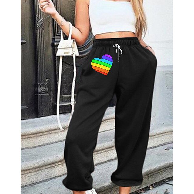  Women's Fashion LGBT Pride Flare Sweatpants Pocket Print Full Length Pants Weekend Pride Day Rainbow Heart Comfort Loose Black White S M L XL XXL