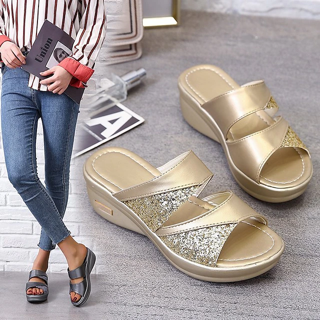 Women's Glitter Wedge Sandals - Gold Slip-On Platform Shoes with Comfortable Sole for Casual and Party Wear 6