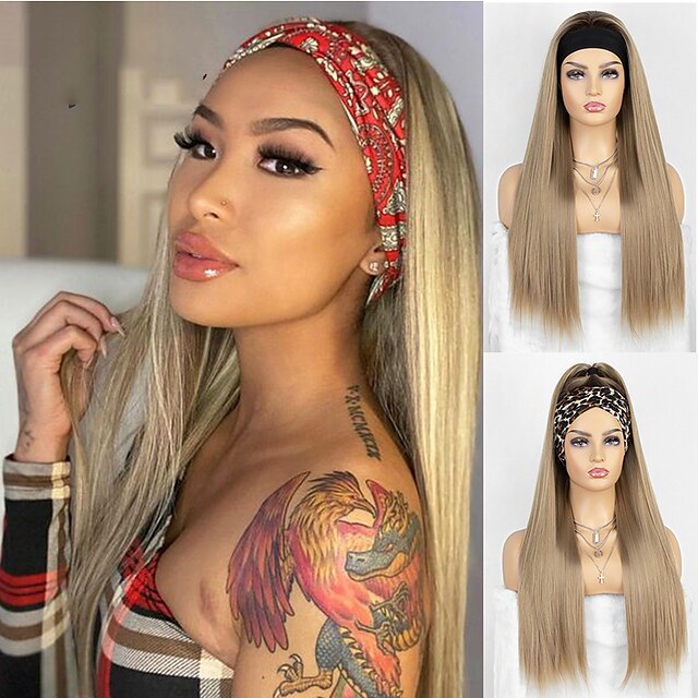 Beauty & Hair Wigs & Hair Pieces | Headband wig Silky Straight Gold Headband Synthetic Wigs For Women Natural Brown / Golden Syn