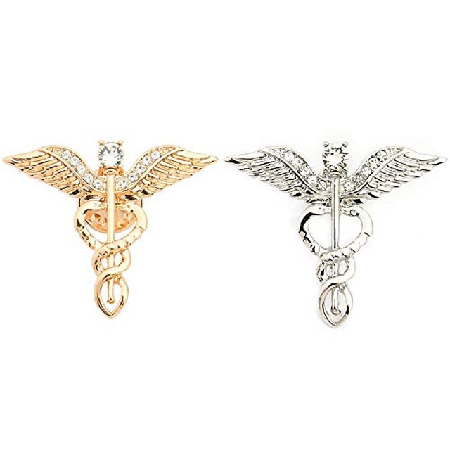 hanreshe Caduceus Pins 2 Pieces Medical Jewelry Gift for Doctor Student Rod of Asclepius Emergency Crystal Brooch Silver Gold Color