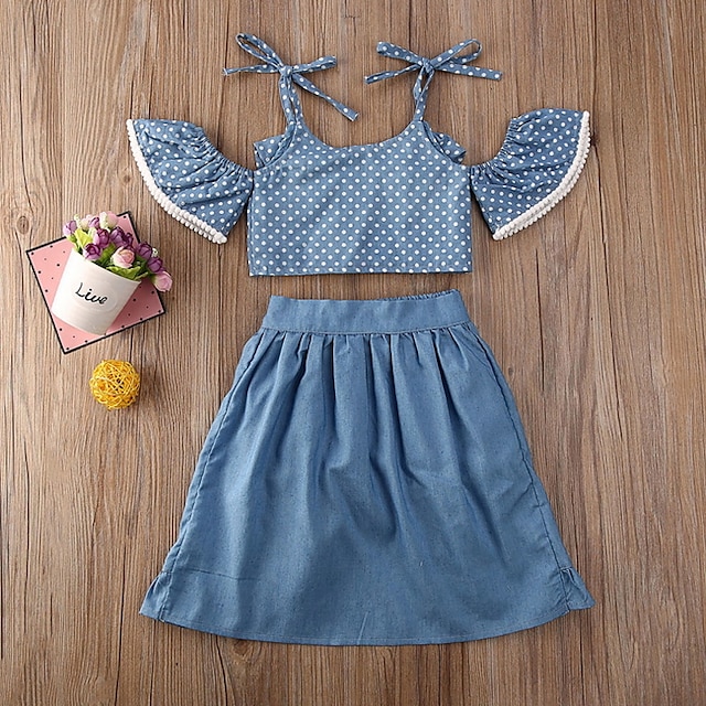 Baby & Kids Girls Clothing | Kids Girls Clothing Set 2 Pieces Short Sleeve Blue Polka Dot Print Cotton Daily Wear Basic Regular 