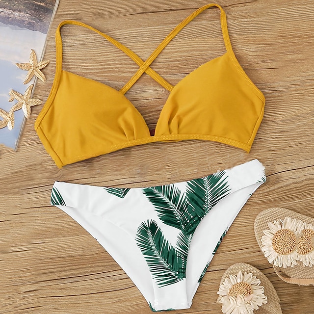 Womens Clothing Womens Swimwear | Womens Swimwear Bikini 2 Piece Normal Swimsuit Slim Floral Leaf Photo Color Natural yellow Blu