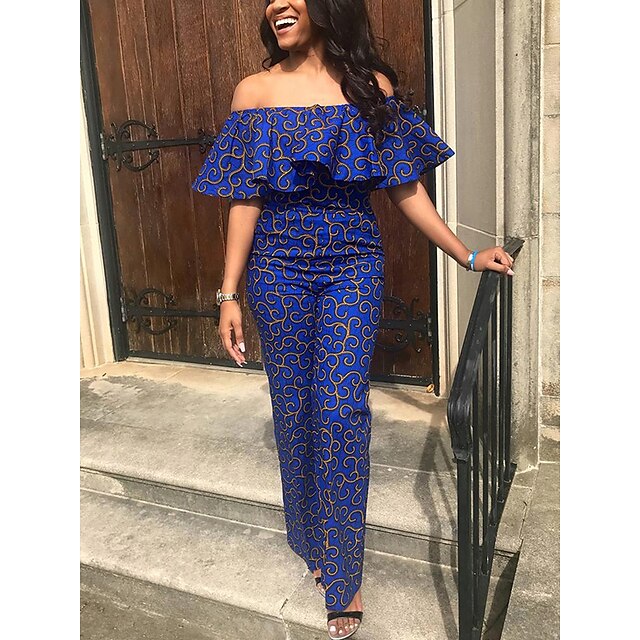 

Women's Jumpsuit Patchwork Print Print Strapless Business Daily Office Bootcut Bodycon Half Sleeve Petal Sleeve Blue S M L Summer