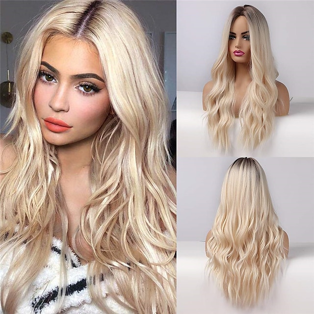  C903 Natural Long Wavy Wig for Women Ash Blonde Ombre Wig with Brown Roots Middle Parting Heat Resistant Synthetic Wig for Cosplay Halloween Christmas Party Wigs barbiecore Wigs