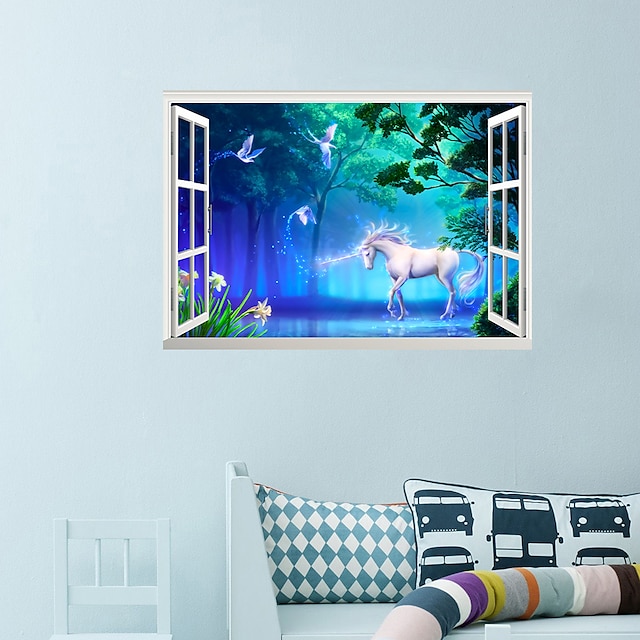 Home & Garden Home Decor | 3D Forest Unicorn Fake Window Stickers Living Room TV Background Wall Sticker Removable PVC DIY Home 