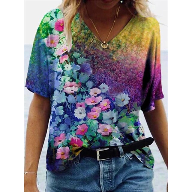 

Women's Floral Theme Painting T shirt Floral Print V Neck Basic Tops Green Blue Purple / 3D Print