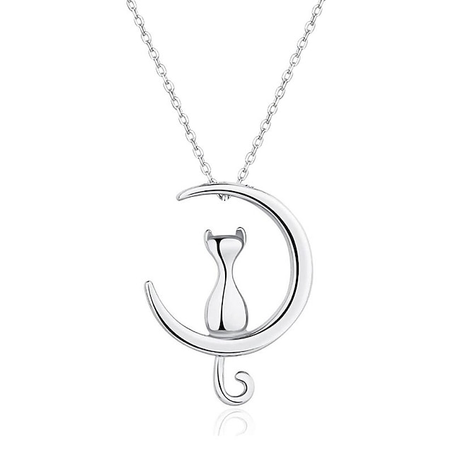  colier pandantiv de pisică de argint sterling cu semilună, jumătate de lună, corn dublu, pisică, colier de lună, dinty, bijuterii, cadouri pentru mame, femei adolescente, 16 + 2 