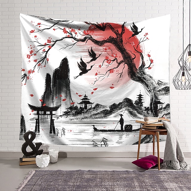  Chinese Style Ink Painting Style Wall Tapestry Art Decor Blanket Curtain Hanging Home Bedroom Living Room Decoration Polyester