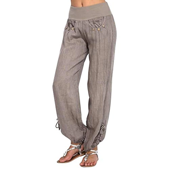 Women's Casual Straight Pants Cotton Linen Soft Yoga Harem High Waist ...