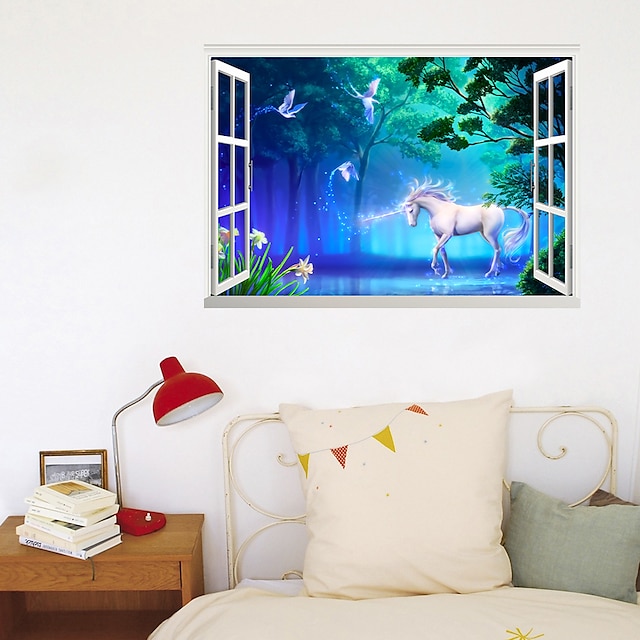 Home & Garden Home Decor | 3D Forest Unicorn Fake Window Stickers Living Room TV Background Wall Sticker Removable PVC DIY Home 