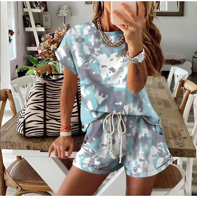 Womens Clothing Womens Tops | Women Tie Dye Daily Wear Going out Two Piece Set Tracksuit Shorts Sets Pant Biker Shorts Print Top