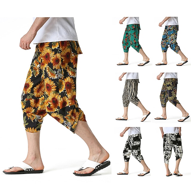 

Men's Retro Vintage Folk Style Harem Elastic Drawstring Design Front Pocket Print Calf-Length Pants Daily Holiday Multi Color Graphic Prints Cotton Blend Comfort Soft Mid Waist Green Blue White Khaki