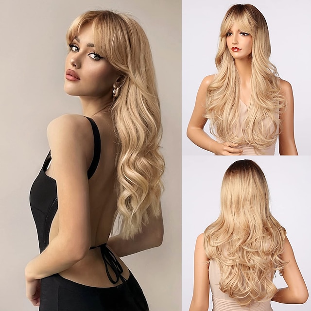  blondi peruukki otsatukkailla - pitkät aaltoilevat ombre-verhonperuukit valkoisille naisille vaalea tuhka vaaleat tummat juuret synteettiset lämmönkestävät hiukset luonnolliset söpöt mansikkaperuukit