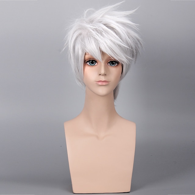  Anime Wig Silver White Soaring Reverse Curled Short Hair Cosplay Wig Halloween Wig