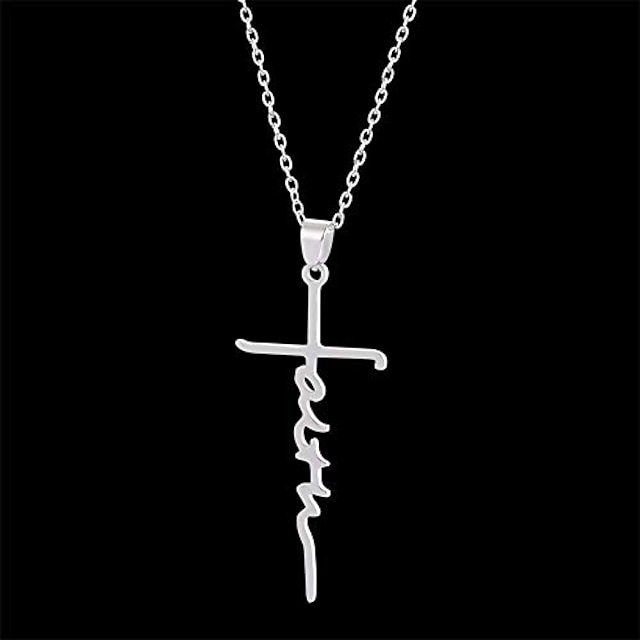  Women's Necklace Faith Cross Jesus Stainless Steel Pendant Necklace Gold Silver Cross Necklace for Dainty Women Letters Decoration Jewelry Faith Grace Love