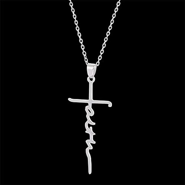 Women's Necklace Faith Cross Jesus Stainless Steel Pendant Necklace Gold Silver Cross Necklace for Dainty Women Letters Decoration Jewelry Faith Grace Love 12