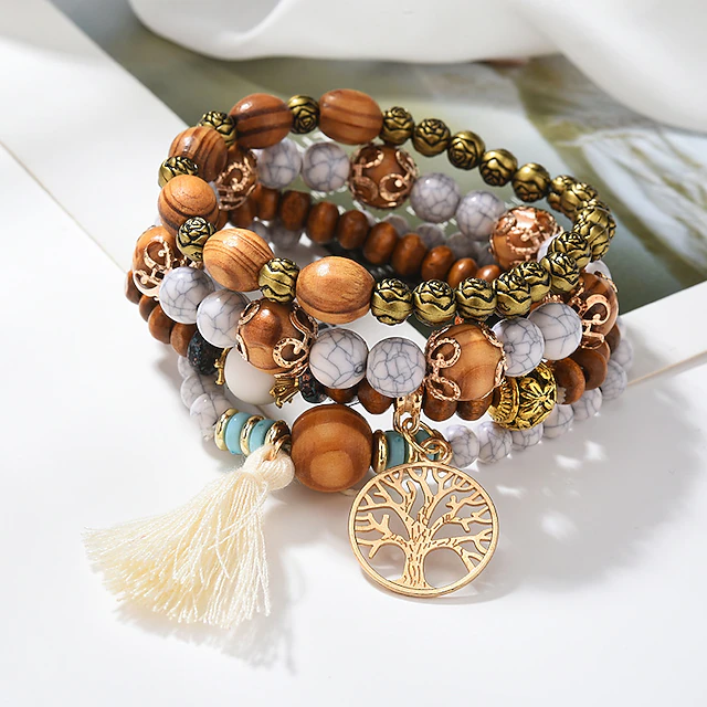 Women's Bead Bracelet Vintage Bracelet Layered Fashion Tree of Life Flower Elegant Fashion Personalized Tassel Bohemian Alloy Bracelet Jewelry For Gift Holiday Date Beach Festival3