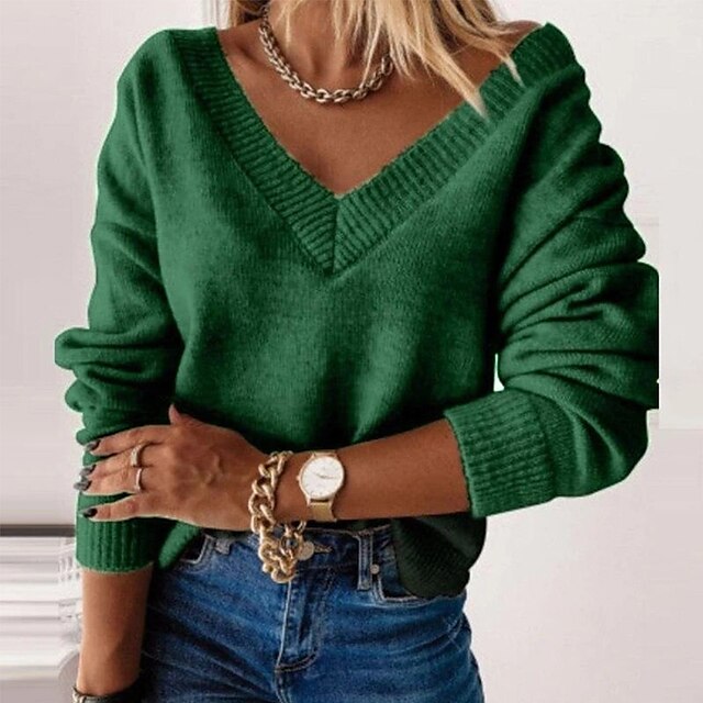  Women's Pullover Sweater Jumper Knit Knitted V Neck Solid Color Home Daily Basic Elegant Winter Fall Green Black S M L / Long Sleeve / Casual / Regular Fit / Going out