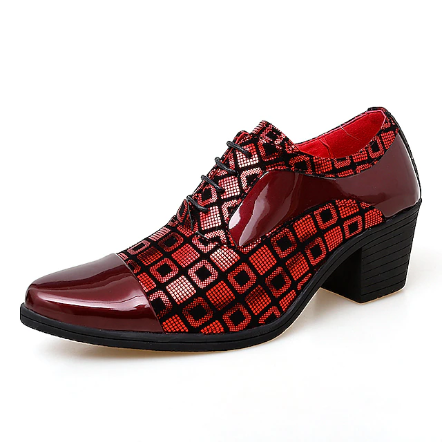 Men's Red and Black Patent Leather Block Heel Oxford Shoes with Geometric Print – Formal Party and Dance Footwear 10