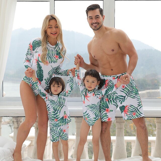  משפחה בגד ים עלה חוף טלאים תלתן שרוול ארוך טרופי תלבושות תואמות
