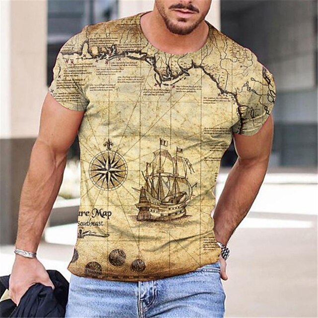 Men's Map Graphic Prints T Shirt Tee Short Sleeve T shirt 3D Print Round Neck Shirt Designer Casual Big and Tall Daily Holiday Black Yellow Blue Summer Clothing Apparel S M L XL XXL 3XL4
