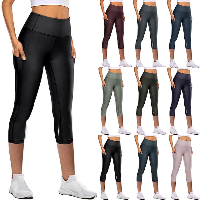  Women's Sports Gym Leggings Yoga Pants High Waist Black Green Gray Winter Tights Capri Leggings Solid Color Tummy Control Butt Lift Quick Dry Side Pockets Clothing Clothes Yoga Fitness Gym Workout