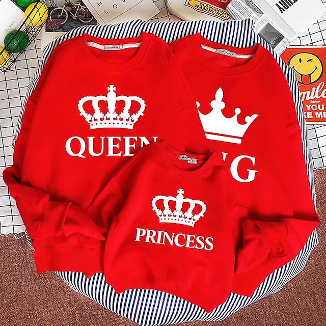 Baby & Kids Matching Outfits | Family Look Tops Sweatshirt Cotton Letter Daily Print Black Red Long Sleeve Active Matching Outfi