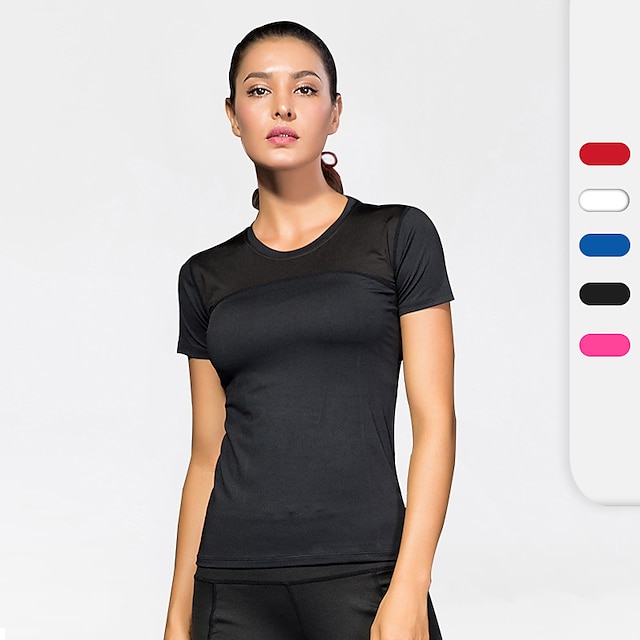  Women's Crew Neck Yoga Top Patchwork Solid Color White Black Mesh Yoga Fitness Gym Workout Tee Tshirt Top Short Sleeve Sport Activewear Breathable Quick Dry Lightweight Stretchy