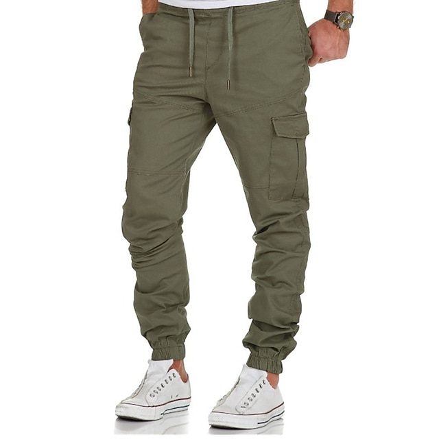 X-Future Mens Elastic Waist Harem Trousers Solid Multi-Pockets Cotton Casual Cargo Jogger Pants Trousers