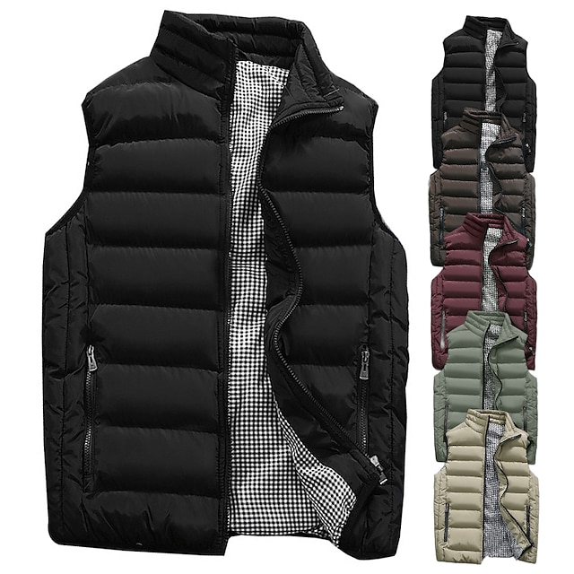  Men's Windbreaker Running Vest Gilet Quilted Full Zip Sleeveless Outerwear Casual Athleisure Winter Thermal Warm Waterproof Breathable Fitness Gym Workout Running Sportswear Activewear Solid Colored