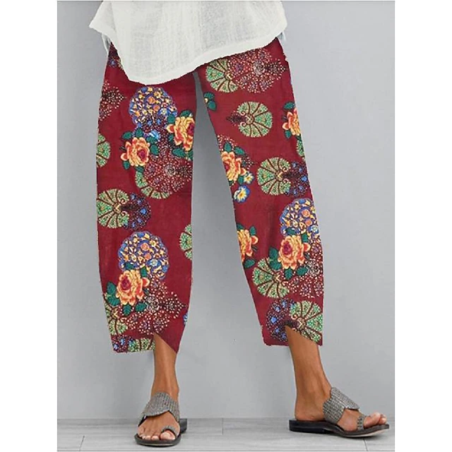 Women's Normal Chinos Slacks Pants Trousers Hawaiian Ethnic Style Ankle-Length Mid Waist Graphic Prints Flower / Floral Elastic Waist Sporty Baggy Comfort Micro-elastic Casual Daily Yellow Red Navy4