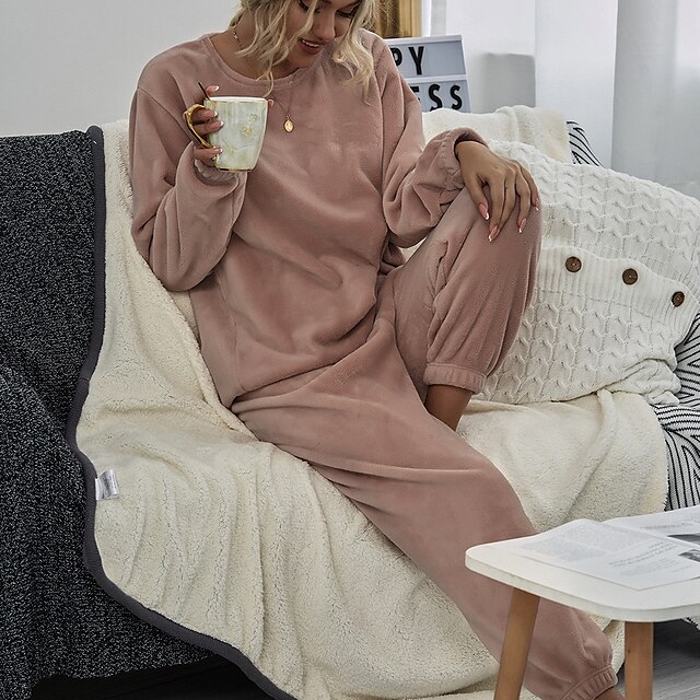 Womens Clothing Womens Sleep & Lounge | Womens Pajamas Sets 1 set Pure Color Plush Simple Comfort Home Party Street Fleece Warm 