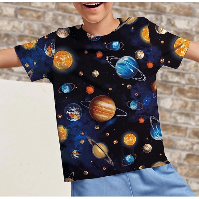  Gutt 3D Grafisk Galakse T skjorte Kortermet 3D-utskrift Sommer Aktiv Polyester Barn 4-12 år Dagligdagstøy Normal