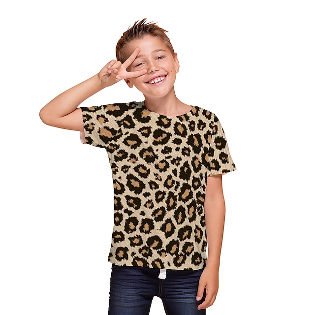  Jungen 3D Leopard T-Shirt Kurzarm 3D-Druck Sommer Aktiv Polyester kinderkleidung 3-12 Jahre Freizeitskleidung Regular Fit