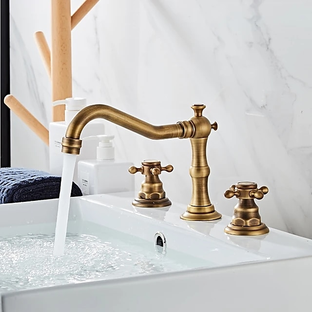  Brass Bathroom Faucet, Brushed Finish Antique Copper Two Handles Three Holes Widespread Bathroom Sink Faucet Contain with Cold and Hot Switch