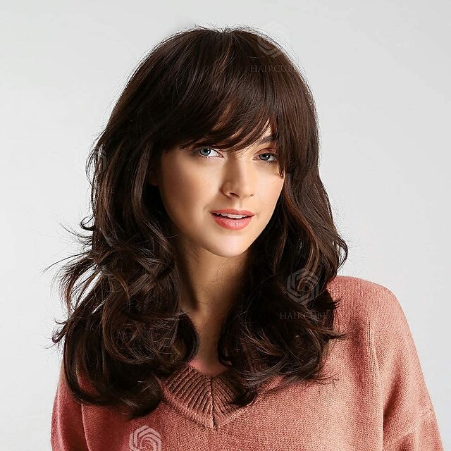 Beauty & Hair Wigs & Hair Pieces | Long Curly Wigs for Women Shoulder Length Brown Color Wigs with Bangs - XP62609