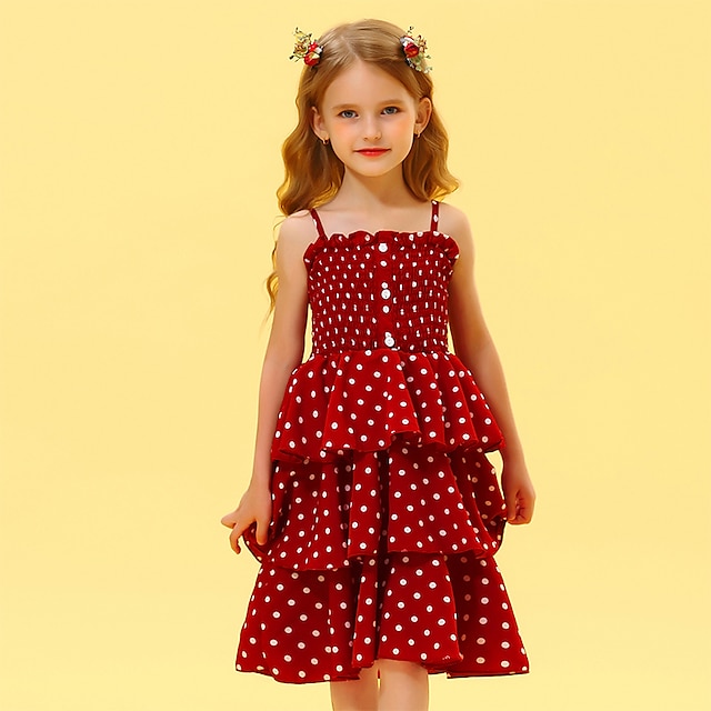  Kids Little Girls' Dress Polka Dot Sundress Layered Ruffled Print Black Red Yellow Sleeveless Basic Cute Boho Dresses Regular Fit
