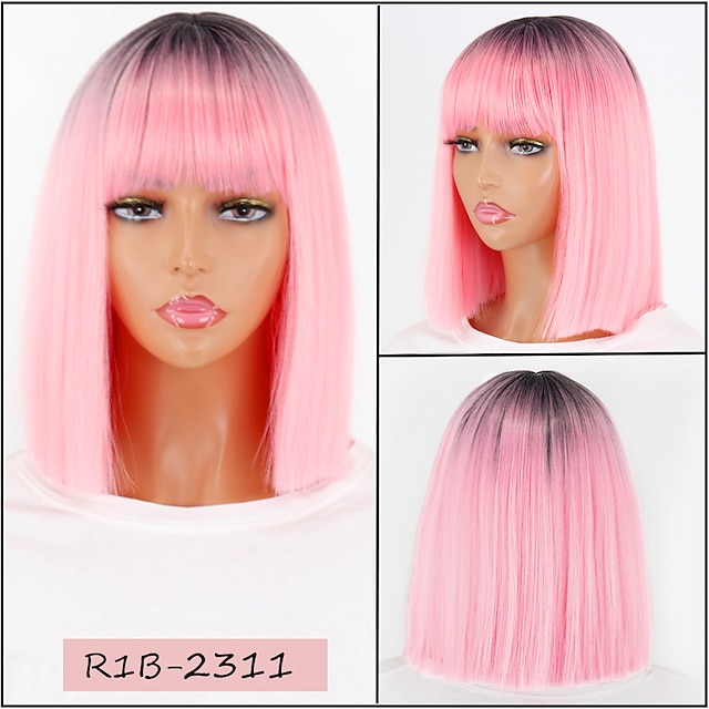 Beauty & Hair Wigs & Hair Pieces | Synthetic Wig Curly Neat Bang Wig Short Black / Gold Violet Pink Pink / Purple Light Brown Da