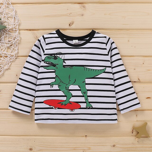 Baby & Kids Boys Clothing | Toddler Boys T shirt Tee Long Sleeve White Dinosaur Cartoon Stripe Animal Print Cotton Basic Casual 