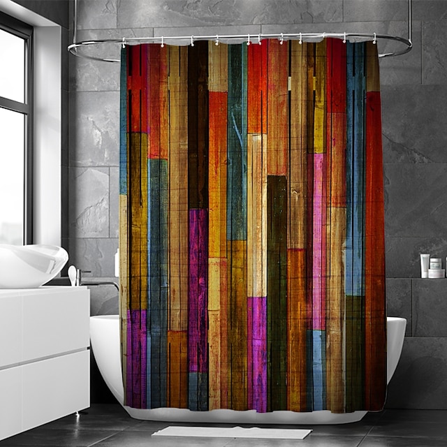  Shower Curtain with Hooks for Bathroom,Colorful Painted Wood Shower Curtain Plank Rustic Farmhouse Wooden Vintage Barn Door Bathroom Decor Set Polyester Waterproof 12 Pack Plastic Hooks