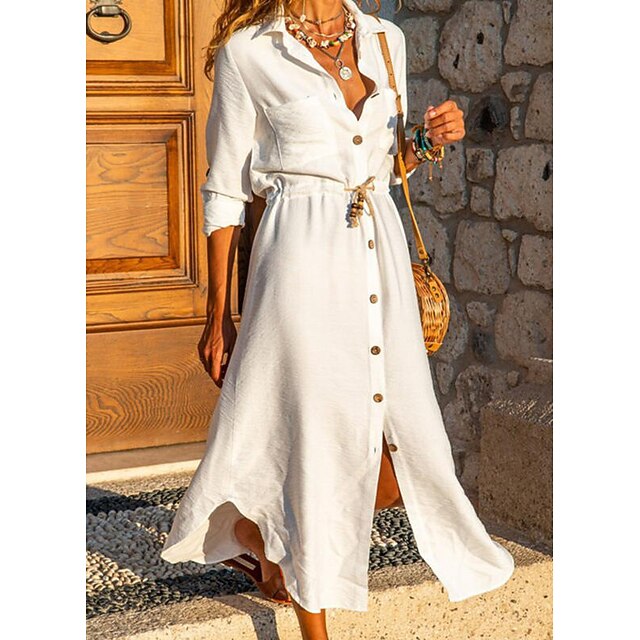 

Women's Swing Dress Maxi long Dress White Long Sleeve Solid Color Split Lace up Button Fall Spring Shirt Collar Elegant Casual 2022 M L XL XXL XXXL
