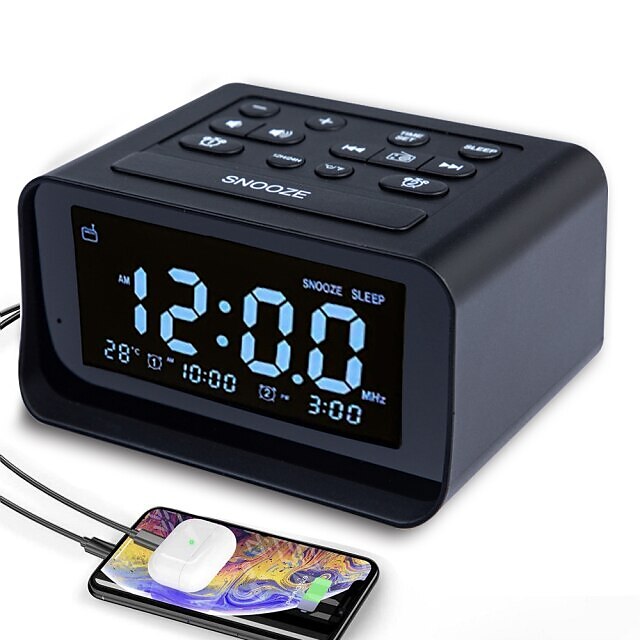  Ceas cu alarmă digitală Radio FM Radio FM Afișaj LED 12 / 24H Detectarea temperaturii Alarme duale 2 încărcătoare USB Reglator de luminozitate reglabil Priză alimentată pentru Dormitor copii Traverse