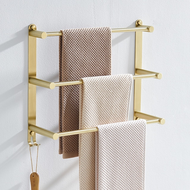 Bathroom Three-layer Shelf with Hooks Stainless Steel Multi-function Towel Rack Wall Mounted Matte Gold and Brushed Nickel 1pc 13